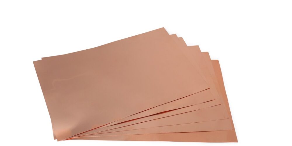 Fanned stack of copper shim sheets
